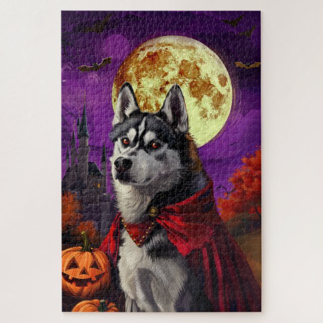 Puzzle Halloween Sibérie Husky Vampire Citrouilles effroi (Vertical)