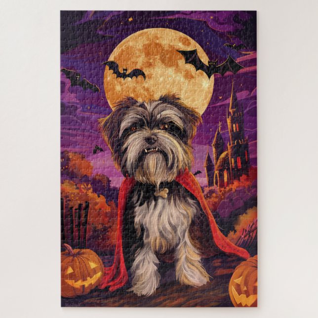 Puzzle Halloween Terrier Tibétain Vampire Citrouilles Eff (Vertical)