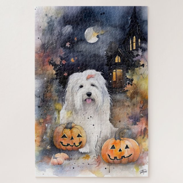 Puzzle Halloween vieux chien anglais avec la peur Citroui (Vertical)