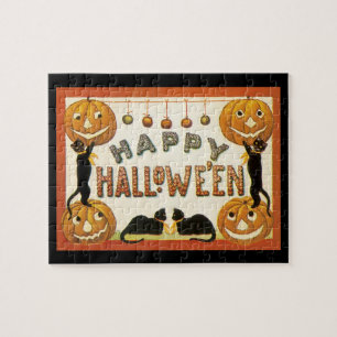 Puzzle Halloween vintage, Chats noirs avec Jackolanterns