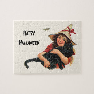 Puzzle Halloween vintage, Sorcière fille avec chat noir