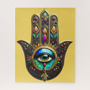 Puzzle Hamsa Brun Coloré Troisième Oeil Arc-en-Ciel