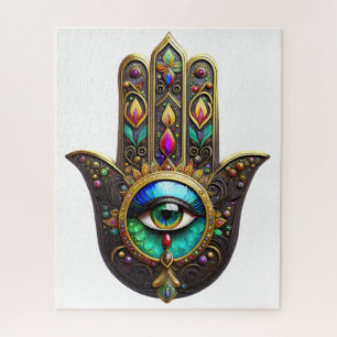 Puzzle Hamsa Brun Coloré Troisième Oeil Arc-en-ciel