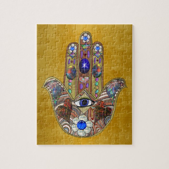 Puzzle Hamsa Coeurs Fleurs Opal Art sur Or (Vertical)