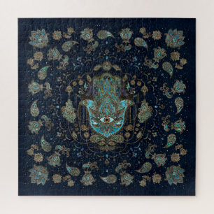 Puzzle Hamsa Hand -Hand of Fatima Blue Gemstones