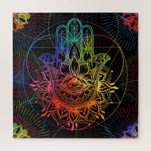 Puzzle Hamsa orné : motif néon dessiné à la main. (Vertical)