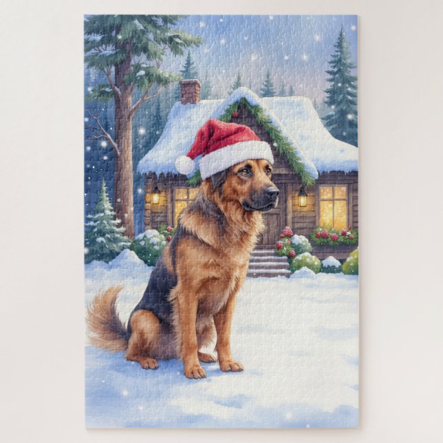 Puzzle Hanoverian Scenthound Snowy Forest Cabin Santa Hat (Vertical)