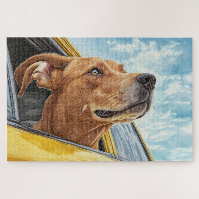 Puzzle Happy Dog in Yellow Car Art Print (Horizontal)