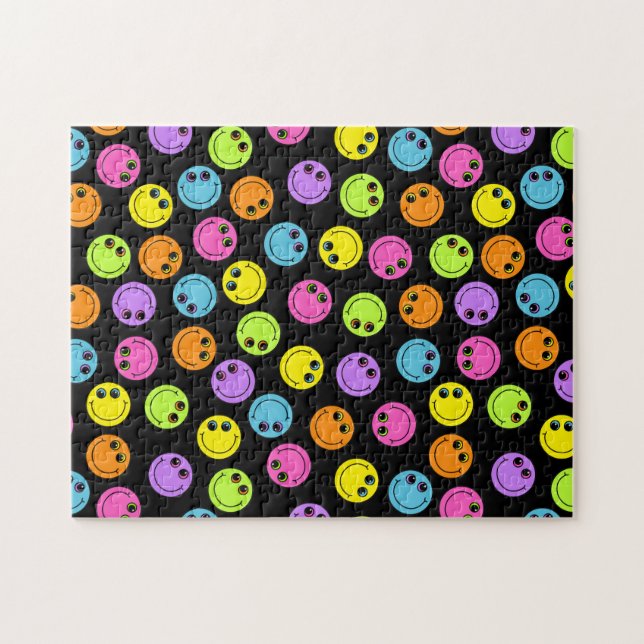 Puzzle Happy Emoji coloré visages sur noir (Horizontal)