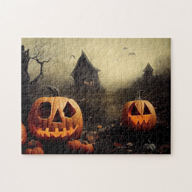 Puzzle Happy Halloween avec des citrouilles et des terres (Horizontal)