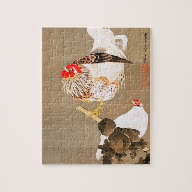 Puzzle Hen et coq avec Grapevine par Ito Jakuchu (Vertical)