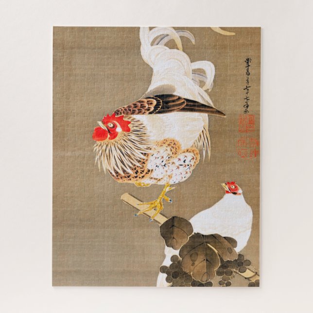 Puzzle Hen et coq avec Grapevine par Ito Jakuchu (Vertical)