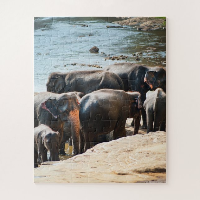 Puzzle Herd of Elephants with Baby in Water (Vertical)