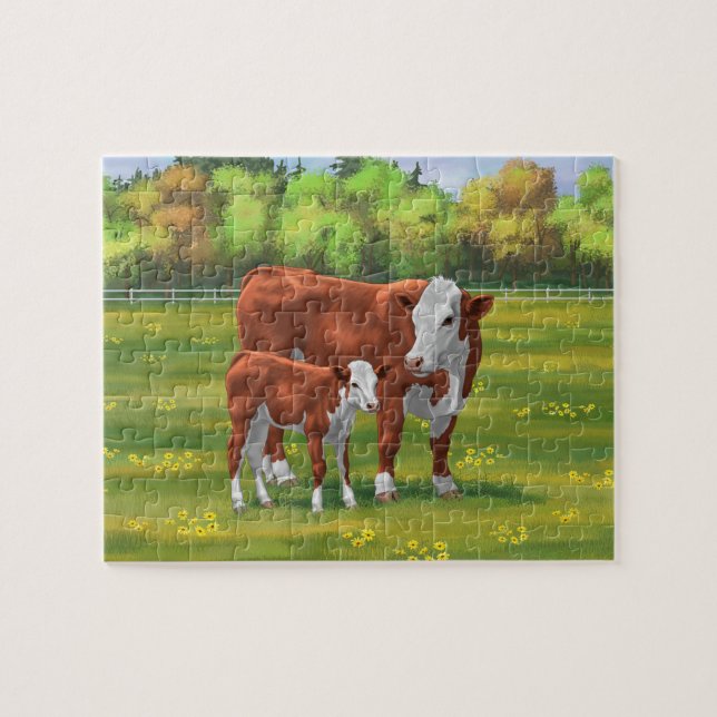 Puzzle Hereford Cow & Cute Calf dans les pâturages d'été (Horizontal)