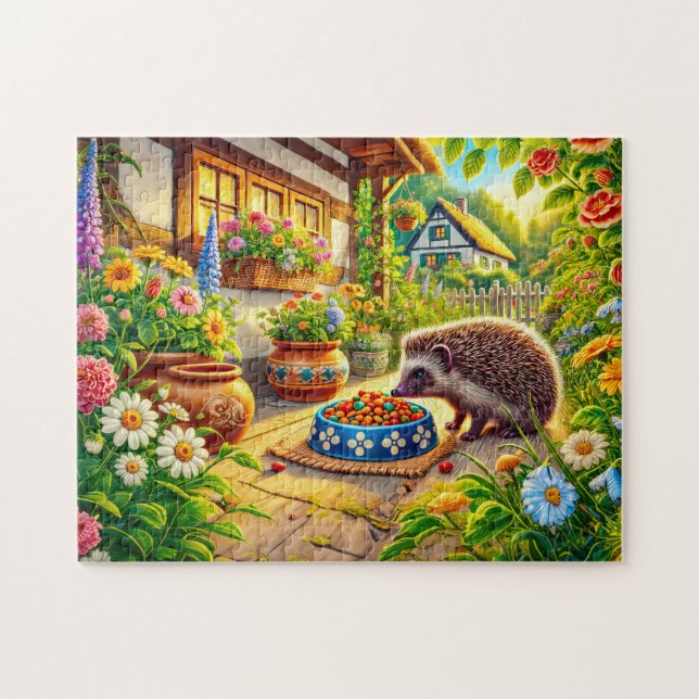 Puzzle Hérisson à la nourriture pour chat sur la terrasse (Horizontal)