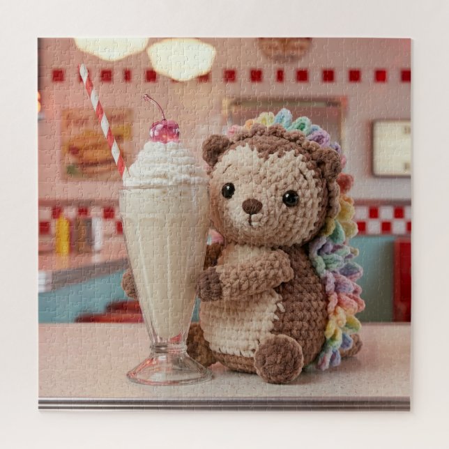 Puzzle Hérisson au crochet et milkshake au diner rétro (Vertical)