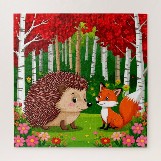 Puzzle Hérisson mignon et renard dans une forêt lumineuse (Vertical)