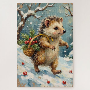 Puzzle Hérisson vintage avec panier de baies de Noël