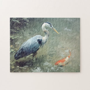 Puzzle Héron et poisson vibrant Koi