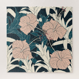 Puzzle Hibiscus rose tropical, arrière - plan sombre