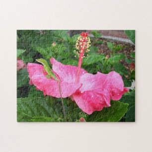 Puzzle Hibiscus rose Tropical Flower Anole Lizard Photo