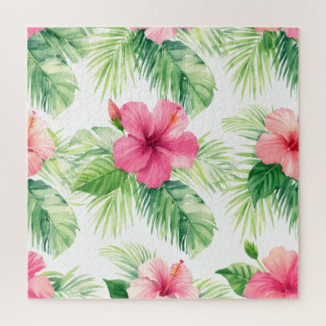 Puzzle Hibiscus rose tropical palmier aquarelle (Vertical)