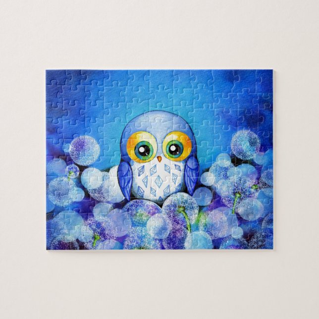 Puzzle Hibou bleu dans le domaine de pissenlit (Horizontal)