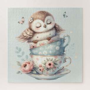 Puzzle Hibou endormi dans des tasses à thé florales empil