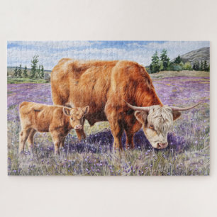Puzzle Highland Cow and Calf Purple Fleurs sauvages