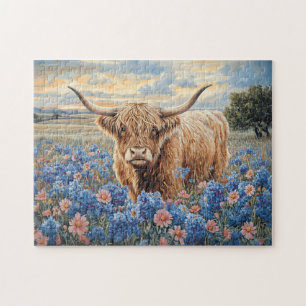 Puzzle Highland Cow Pink et Blue Fleurs sauvages