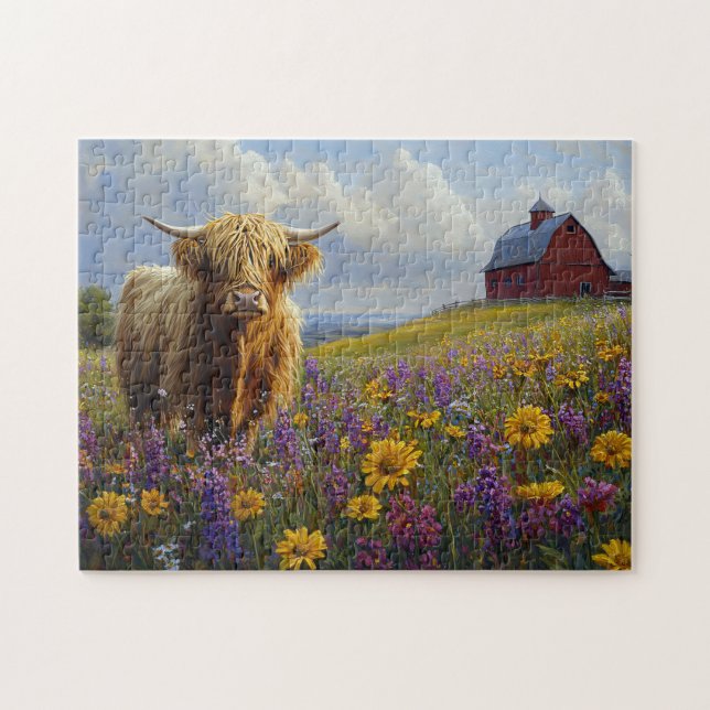 Puzzle Highland Cow Purple Yellow Fleurs sauvages (Horizontal)