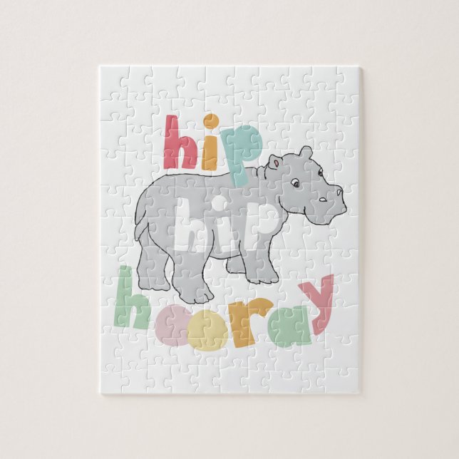 Puzzle Hip Hip Hooray Gris Hippo Dessin Cute Animal Art (Vertical)