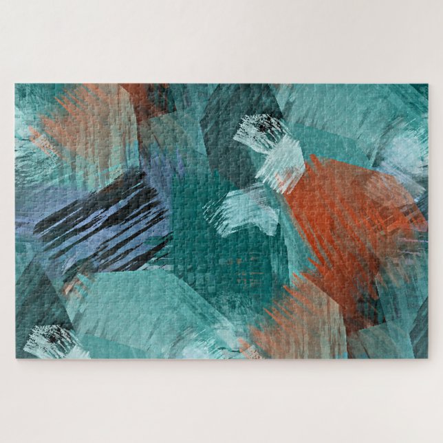 Puzzle Hip Turquoise Blue Mint Green Orange Brushstrokies (Horizontal)
