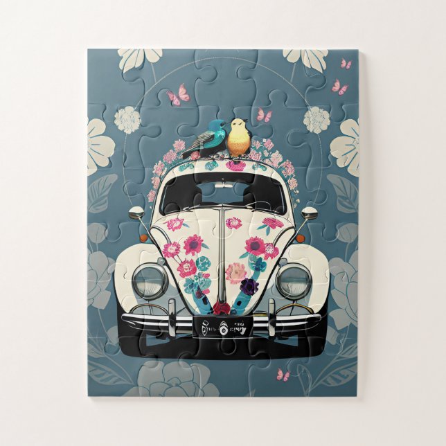 Puzzle Hippie Hippie Beetle Bug Car Floral Turquoise (Vertical)