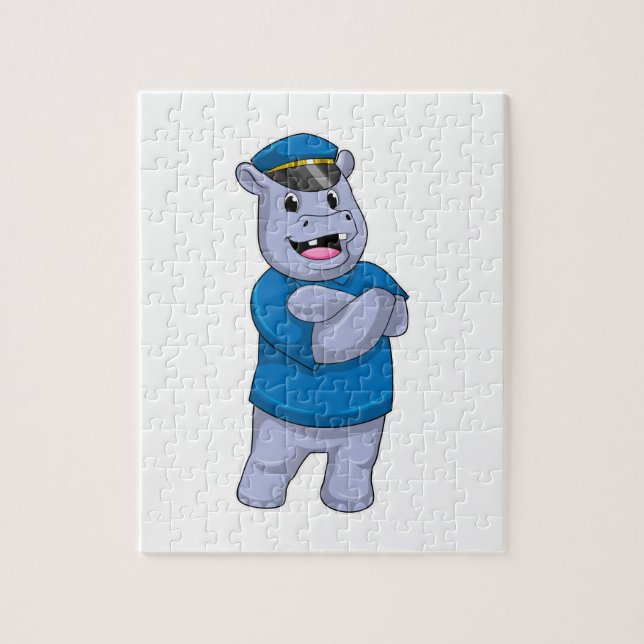 Puzzle Hippo en tant que policier avec casquette de polic (Vertical)