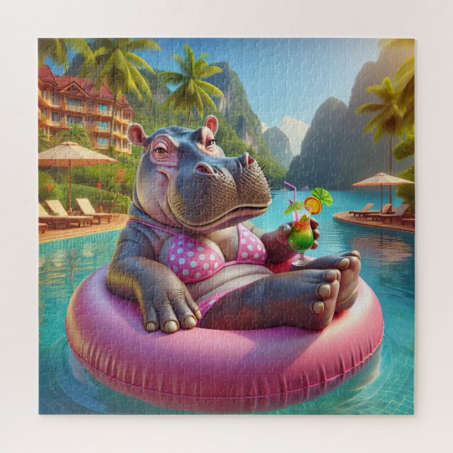 Puzzle Hippo Flottant Dans Une Piscine Avec Cocktail Bois (Vertical)