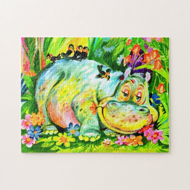 Puzzle hippopotame et oiseaux aux couleurs vives (Horizontal)