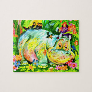 Puzzle hippopotame et oiseaux aux couleurs vives
