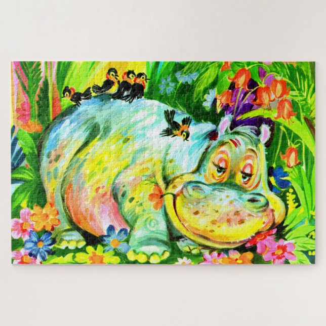 Puzzle hippopotame et oiseaux aux couleurs vives (Horizontal)