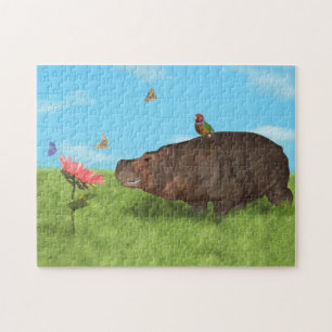 Puzzle Hippopotame heureux, fleur, papillons