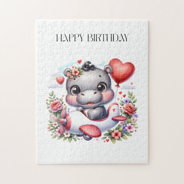 Puzzle Hippopotame mignon dans un avion en forme de cœur (Vertical)
