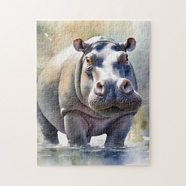Puzzle Hippo's Serene Waters A Watercolor Portrait (Vertical)