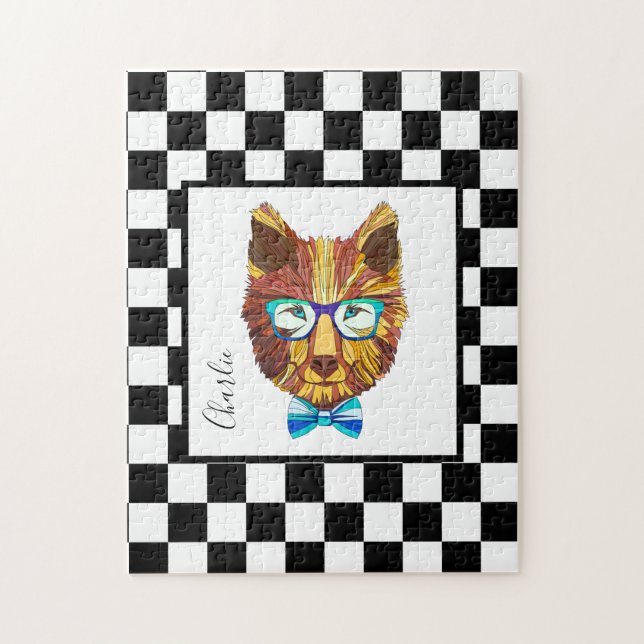 Puzzle Hipster Bear sur B&W Checkerboard, personnalisée (Vertical)