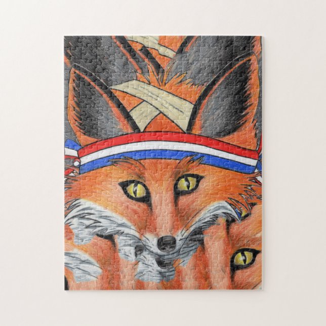 Puzzle Hipster Red Fox Collage Animal Patriotic Headband (Vertical)