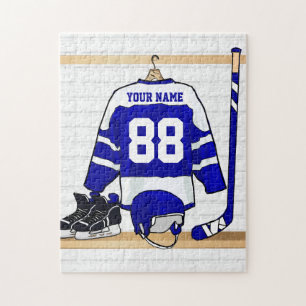 Puzzle Hockey sur glace bleu et blanc personnalisé Jerse