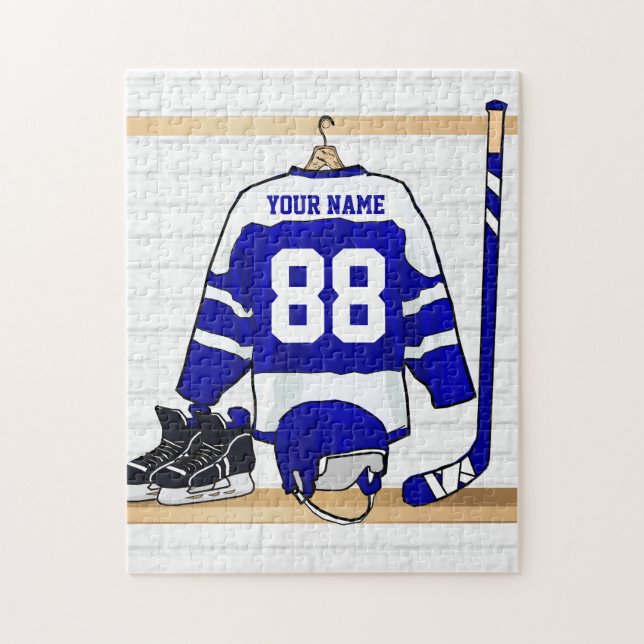 Puzzle Hockey sur glace bleu et blanc personnalisé Jersey (Vertical)