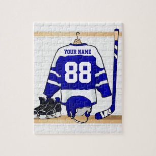 Puzzle Hockey sur glace bleu et blanc personnalisé Jersey