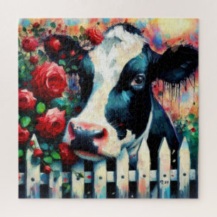 Puzzle Holstein Picket de vache clôture Roses rouges Noir