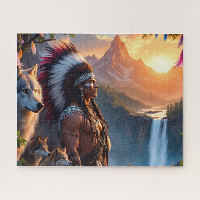 Puzzle Homme Amérindien Avec Loup (Horizontal)