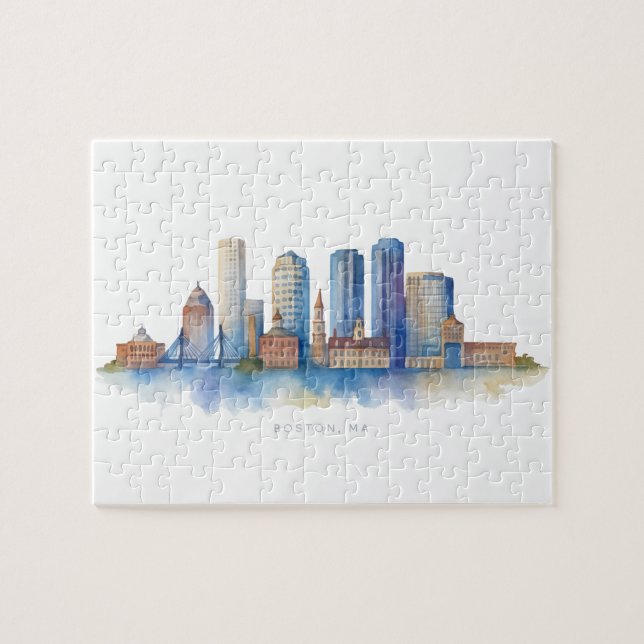 Puzzle Horizon de la ville de Boston à l'aquarelle | Mode (Horizontal)